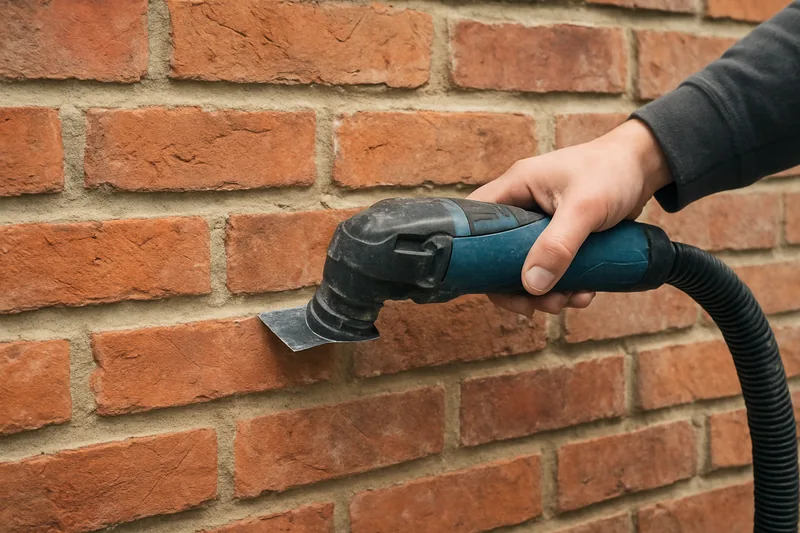An oscillating blade tool working along a brick joint with a vacuum hose close by — raking out old mortar, Ballarat. Illustrative example.