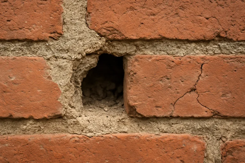 A very close view of a crumbling joint with a pocket missing — when to repoint old brickwork, Ballarat. Illustrative example.