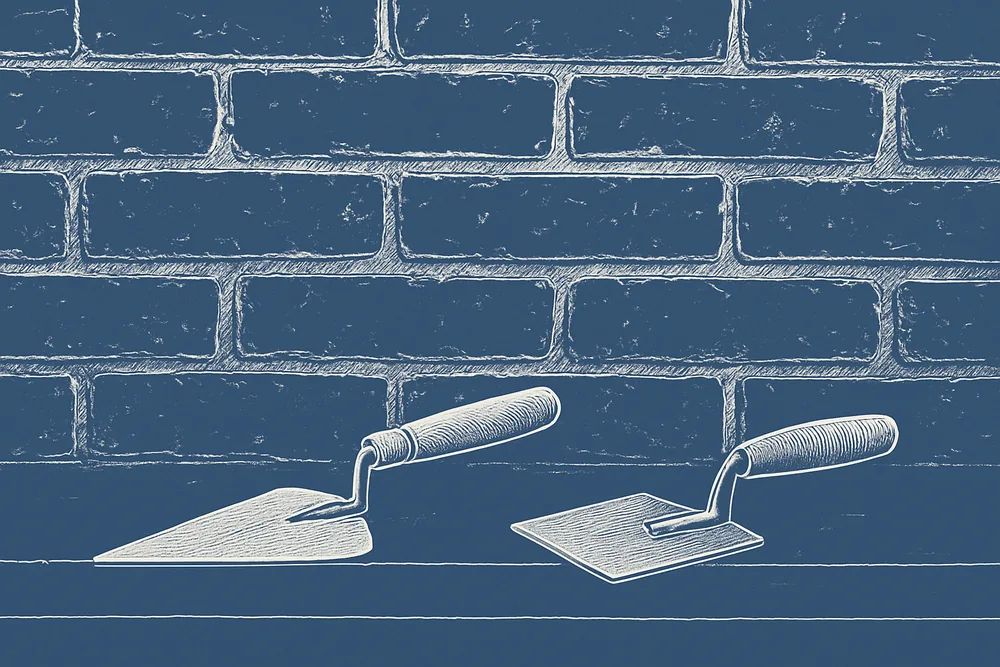 A pointing trowel and a hand jointing tool resting on a ledge beside an old brick wall — heritage permits for repointing, Ballarat. Illustrative example.