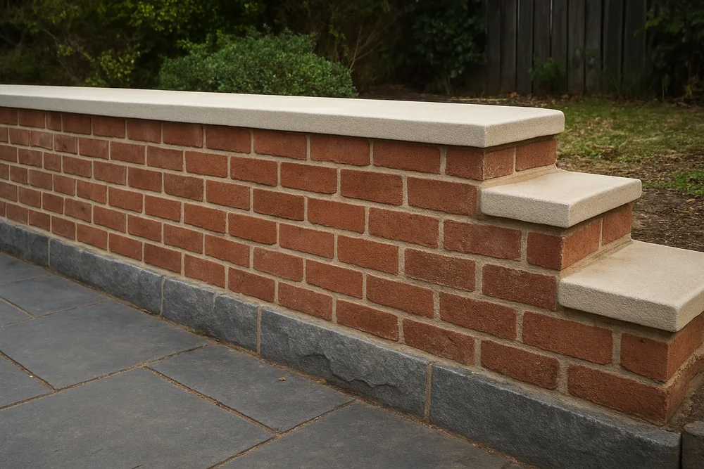 A low stepped face-brick retaining wall on a bluestone base with a rendered capping and one section of joints raked — heritage repointing, Ballarat. Illustrative example.