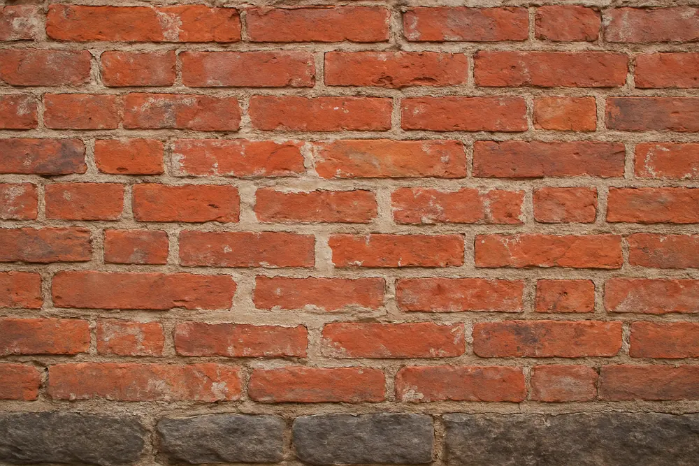 A painted brick wall on a rough bluestone base with a few joints raked out beside flaking paint — heritage repointing, Ballarat. Illustrative example.
