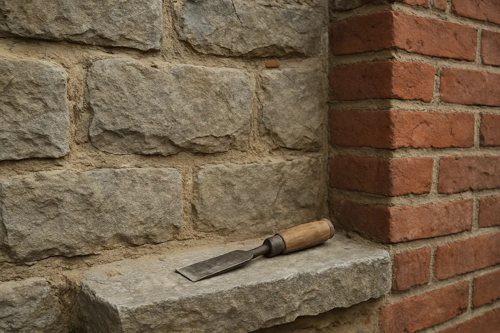 A rough-cut stone wall meeting a brick corner with the joints between the stones part-raked — heritage repointing, Ballarat. Illustrative example.