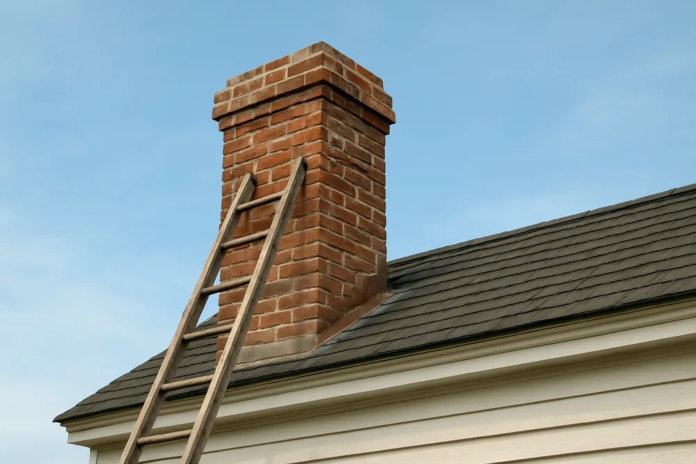 An unpainted brick chimney stack above a weatherboard roofline with a ladder against it and the top joints raked — heritage repointing, Ballarat. Illustrative example.
