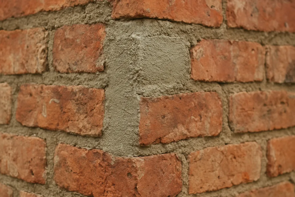 A hard grey mortar joint standing proud of a worn soft brick — lime or cement mortar, Ballarat. Illustrative example.