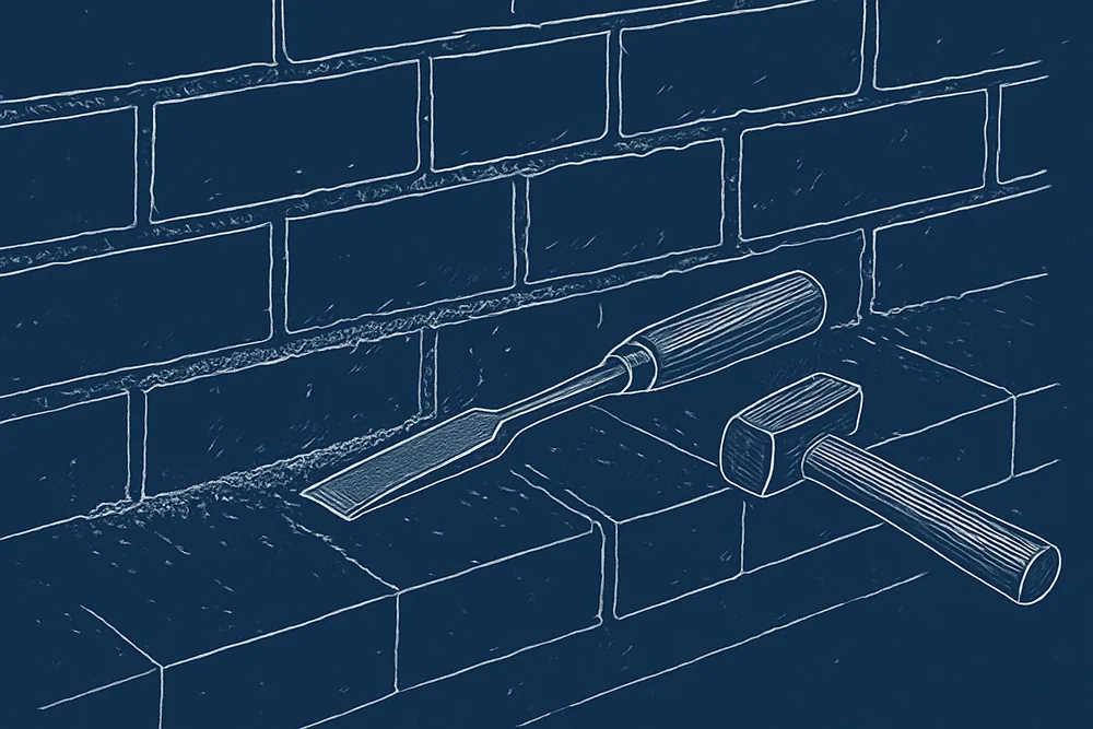 A hand chisel and small hammer resting on a brick ledge beside raked joints — raking out old mortar, Ballarat. Illustrative example.