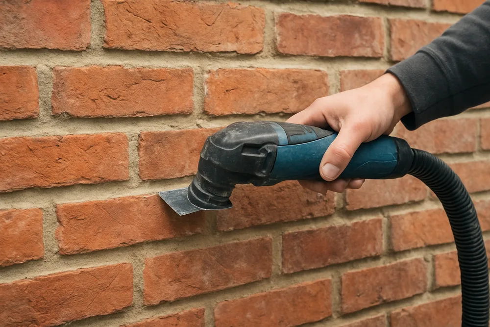 An oscillating blade tool working along a brick joint with a vacuum hose close by — raking out old mortar, Ballarat. Illustrative example.
