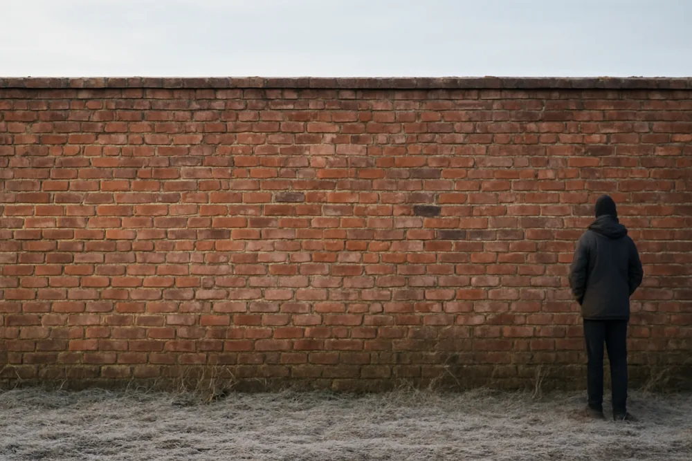 An old brick wall with frost on the ground under a pale winter sky — repointing weather in Ballarat, Ballarat. Illustrative example.
